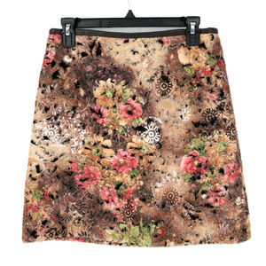 Etcetera Skirt Womens 4 Brown Pink Textured Floral Lined Zip Knee Length A-line